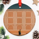 Person Stands By Tall Orange Wall And Looks- Up Round Ornament (Two Sides) Front