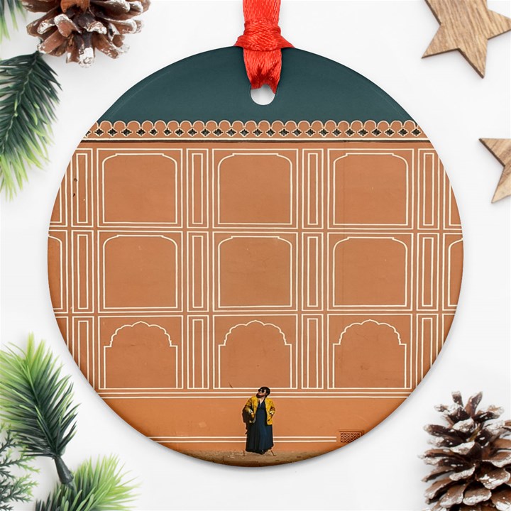 Person Stands By Tall Orange Wall And Looks- Up Round Ornament (Two Sides)