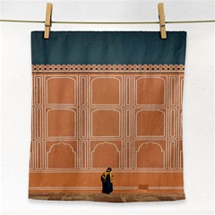 Person Stands By Tall Orange Wall And Looks- Up Face Towel by artworkshop