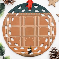 Person Stands By Tall Orange Wall And Looks- Up Round Filigree Ornament (two Sides) by artworkshop