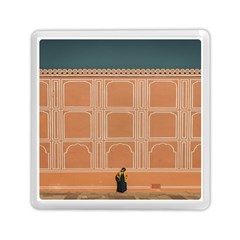 Person Stands By Tall Orange Wall And Looks- Up Memory Card Reader (square) by artworkshop