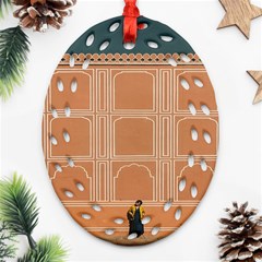 Person Stands By Tall Orange Wall And Looks- Up Oval Filigree Ornament (two Sides)