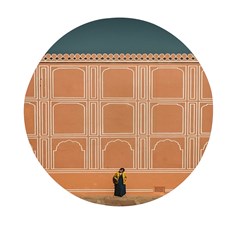 Person Stands By Tall Orange Wall And Looks- Up Mini Round Pill Box by artworkshop