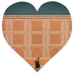 Person Stands By Tall Orange Wall And Looks- Up Wooden Puzzle Heart by artworkshop