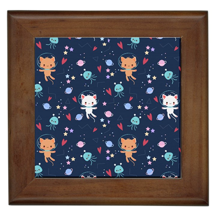 Cute-astronaut-cat-with-star-galaxy-elements-seamless-pattern Framed Tile