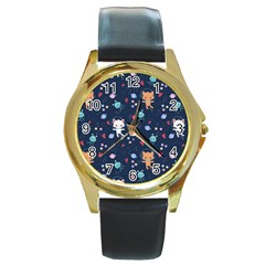 Cute-astronaut-cat-with-star-galaxy-elements-seamless-pattern Round Gold Metal Watch by Vaneshart