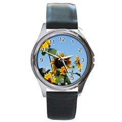 Sunflower Flower Yellow Round Metal Watch by artworkshop