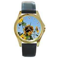 Sunflower Flower Yellow Round Gold Metal Watch by artworkshop