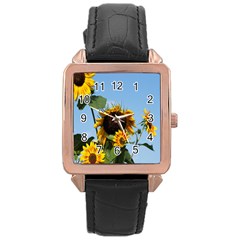 Sunflower Flower Yellow Rose Gold Leather Watch  by artworkshop