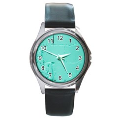 Teal Brick Texture Round Metal Watch by artworkshop