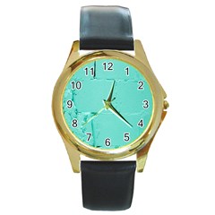 Teal Brick Texture Round Gold Metal Watch by artworkshop