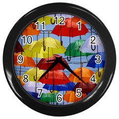 Umbrellas Colourful Wall Clock (black) by artworkshop