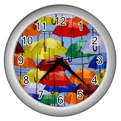 Umbrellas Colourful Wall Clock (silver) by artworkshop