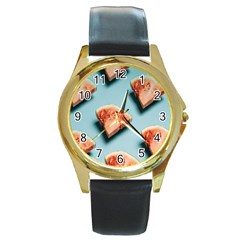 Watermelon Against Blue Surface Pattern Round Gold Metal Watch by artworkshop