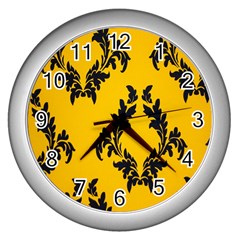 Yellow Regal Filagree Pattern Wall Clock (silver) by artworkshop