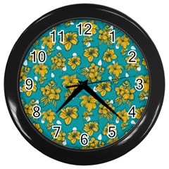 Turquoise And Yellow Floral Wall Clock (black) by fructosebat