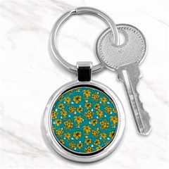 Turquoise And Yellow Floral Key Chain (round) by fructosebat