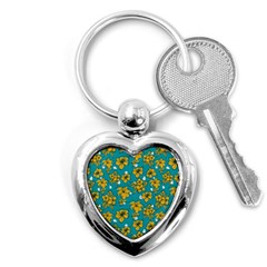 Turquoise And Yellow Floral Key Chain (heart) by fructosebat