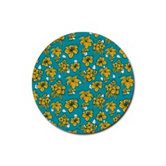 Turquoise And Yellow Floral Rubber Round Coaster (4 Pack) by fructosebat