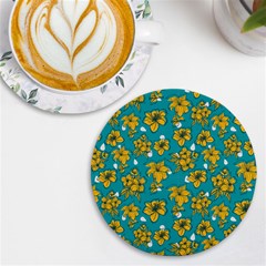 Turquoise And Yellow Floral Uv Print Round Tile Coaster by fructosebat