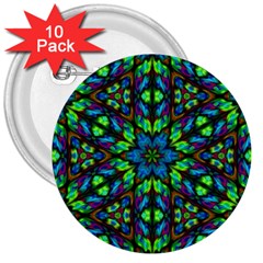 Blue Green Kaleidoscope 3  Buttons (10 Pack)  by bloomingvinedesign