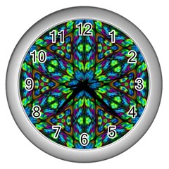 Blue Green Kaleidoscope Wall Clock (silver) by bloomingvinedesign