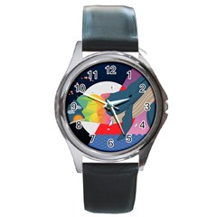 Whale Moon Ocean Digital Art Round Metal Watch by Jancukart