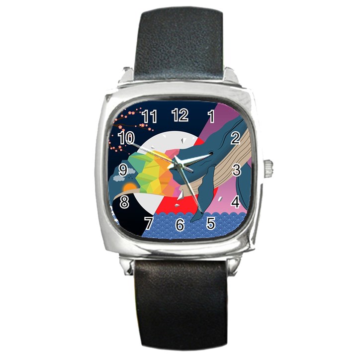 Whale Moon Ocean Digital Art Square Metal Watch