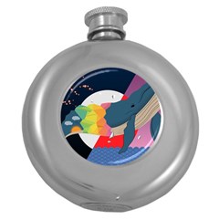 Whale Moon Ocean Digital Art Round Hip Flask (5 Oz) by Jancukart