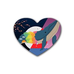 Whale Moon Ocean Digital Art Rubber Heart Coaster (4 Pack) by Jancukart