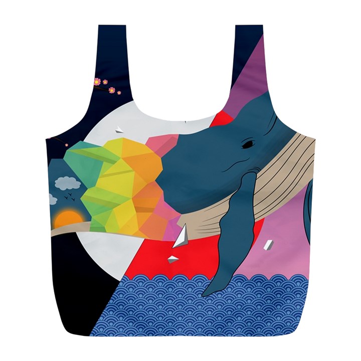 Whale Moon Ocean Digital Art Full Print Recycle Bag (L)