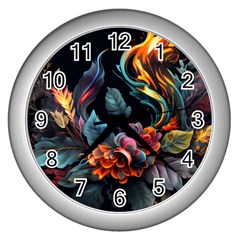 Flowers Flame Abstract Floral Wall Clock (silver)