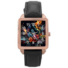 Flowers Flame Abstract Floral Rose Gold Leather Watch  by Jancukart