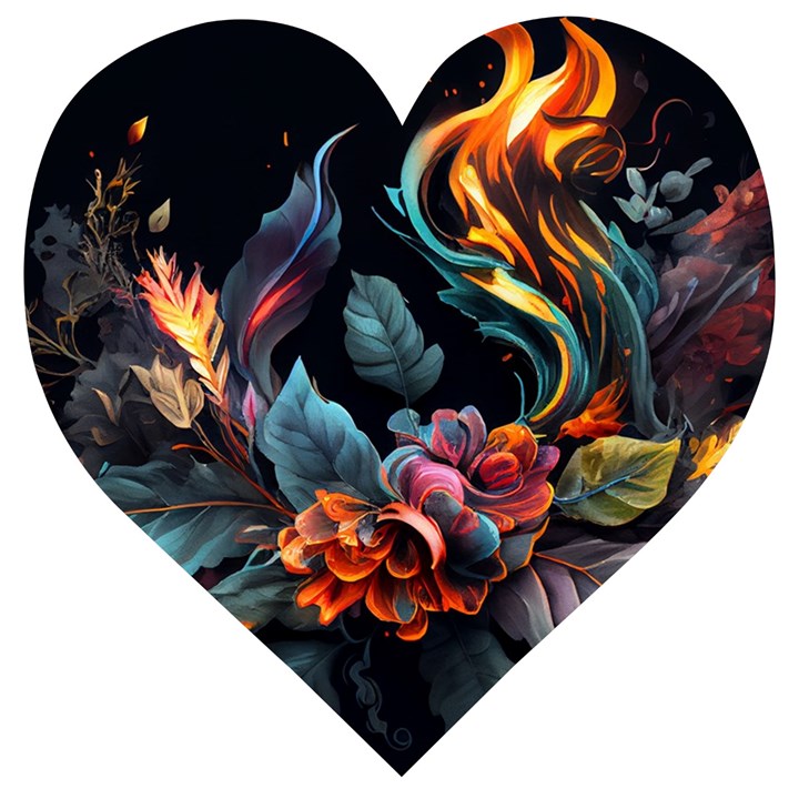 Flowers Flame Abstract Floral Wooden Puzzle Heart