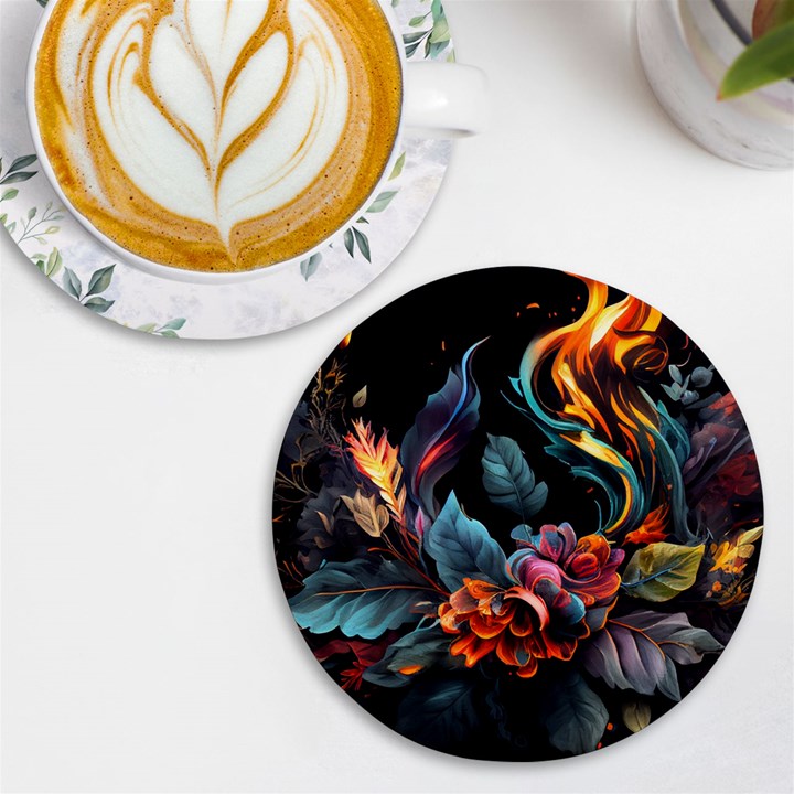 Flowers Flame Abstract Floral UV Print Round Tile Coaster