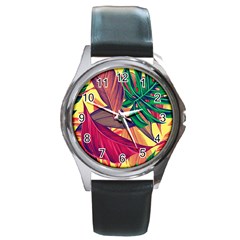 Monstera Tropical Design Beach Round Metal Watch by Jancukart