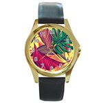 Monstera Tropical Design Beach Round Gold Metal Watch Front