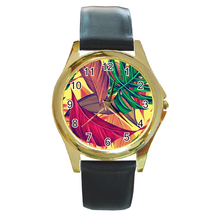 Monstera Tropical Design Beach Round Gold Metal Watch