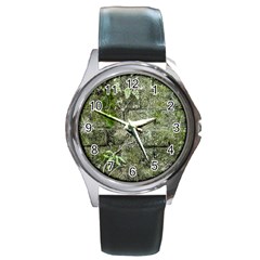 Old Stone Exterior Wall With Moss Round Metal Watch by dflcprintsclothing