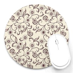 White And Brown Floral Wallpaper Flowers Background Pattern Round Mousepad