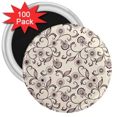 White And Brown Floral Wallpaper Flowers Background Pattern 3  Magnets (100 Pack)