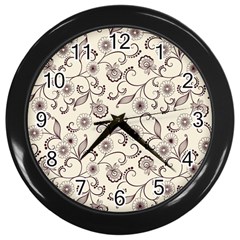 White And Brown Floral Wallpaper Flowers Background Pattern Wall Clock (black) by Jancukart