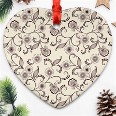 White And Brown Floral Wallpaper Flowers Background Pattern Heart Ornament (two Sides)