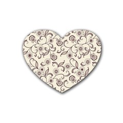 White And Brown Floral Wallpaper Flowers Background Pattern Rubber Heart Coaster (4 Pack)