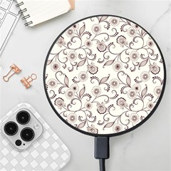 White And Brown Floral Wallpaper Flowers Background Pattern Wireless Fast Charger(black) by Jancukart