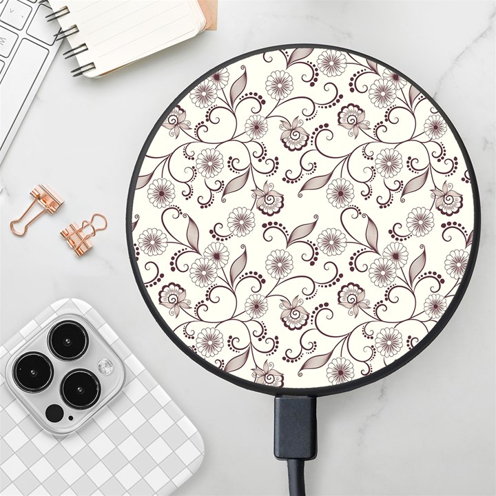 White And Brown Floral Wallpaper Flowers Background Pattern Wireless Fast Charger(Black)