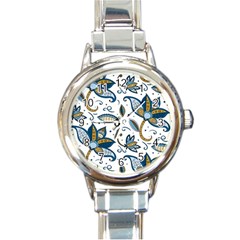 Flowers Blue Texture Style Batik Round Italian Charm Watch