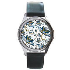 Flowers Blue Texture Style Batik Round Metal Watch