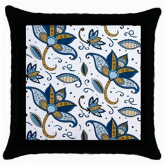 Flowers Blue Texture Style Batik Throw Pillow Case (black) by Jancukart