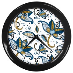 Flowers Blue Texture Style Batik Wall Clock (black) by Jancukart